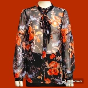 3/$30 WHO WHAT WEAR Sheer Floral Button Down Bow Tie Long Sleeve Blouse